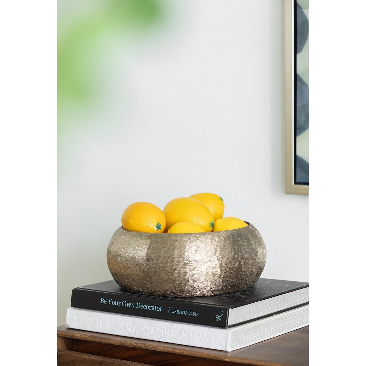 Set of Two Gold Aluminum Hammered Round Centerpiece Bowls