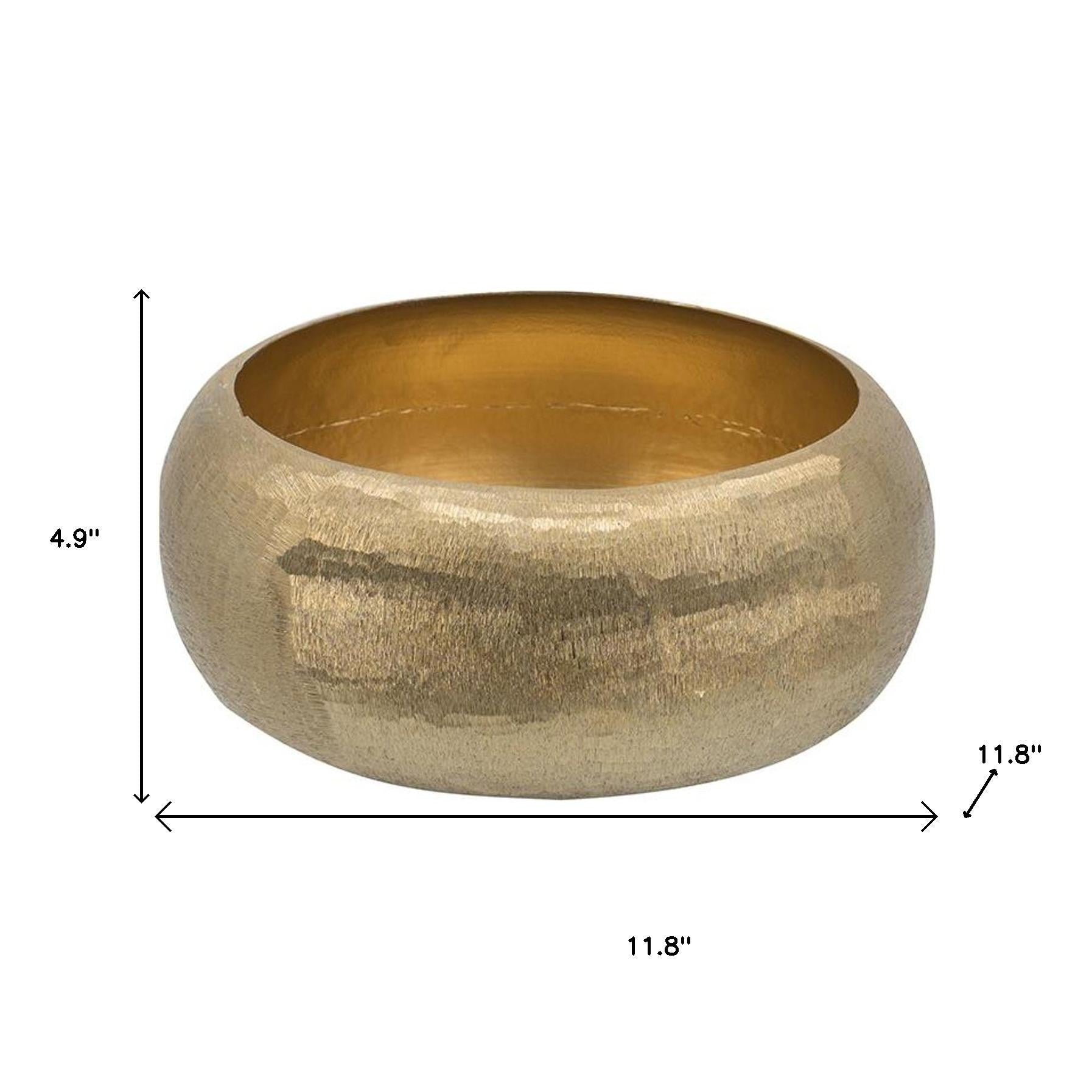 Set of Two Gold Aluminum Hammered Round Centerpiece Bowls