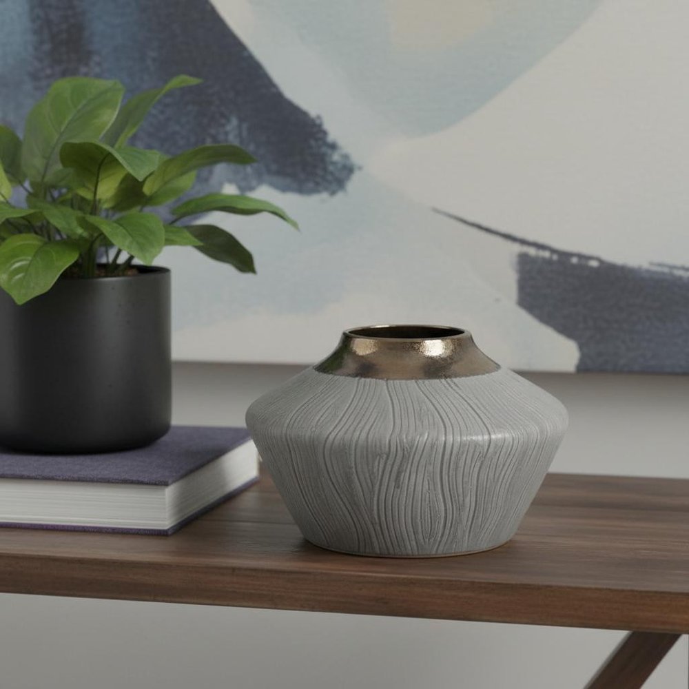 7" Bronze And Gray Ceramic Round Table Vase