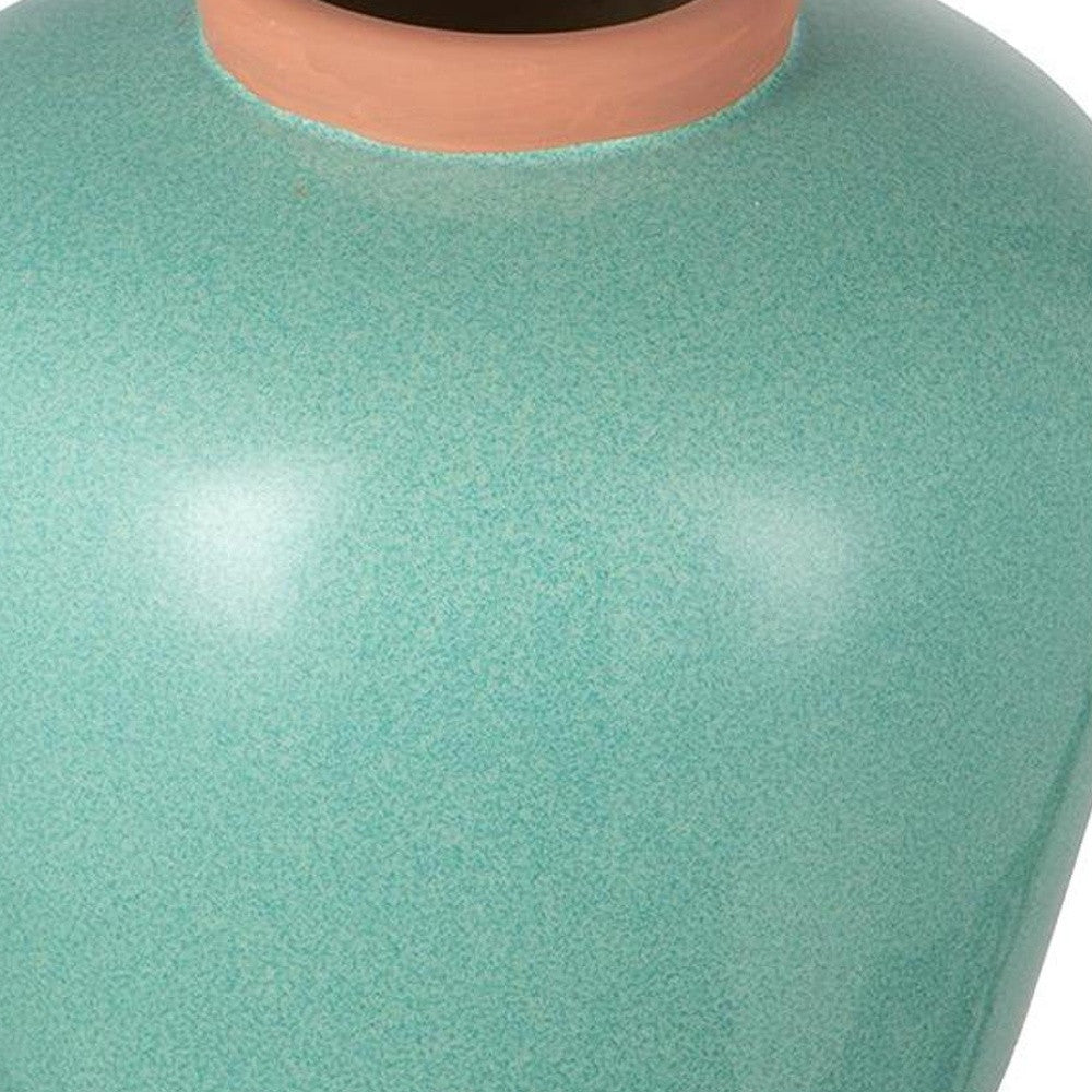 9" Natural And Teal Blue Ceramic Round Table Vase