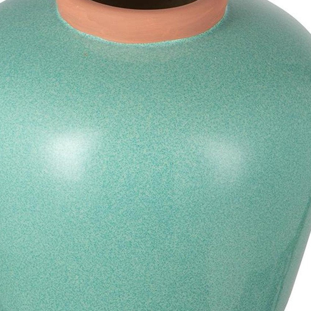 9" Natural And Teal Blue Ceramic Round Table Vase