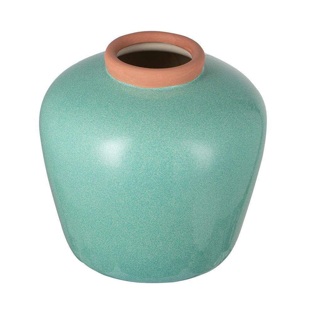 9" Natural And Teal Blue Ceramic Round Table Vase