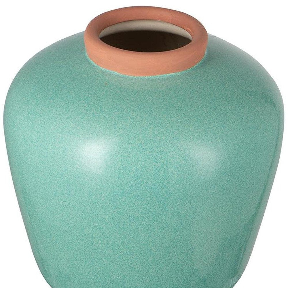 9" Natural And Teal Blue Ceramic Round Table Vase