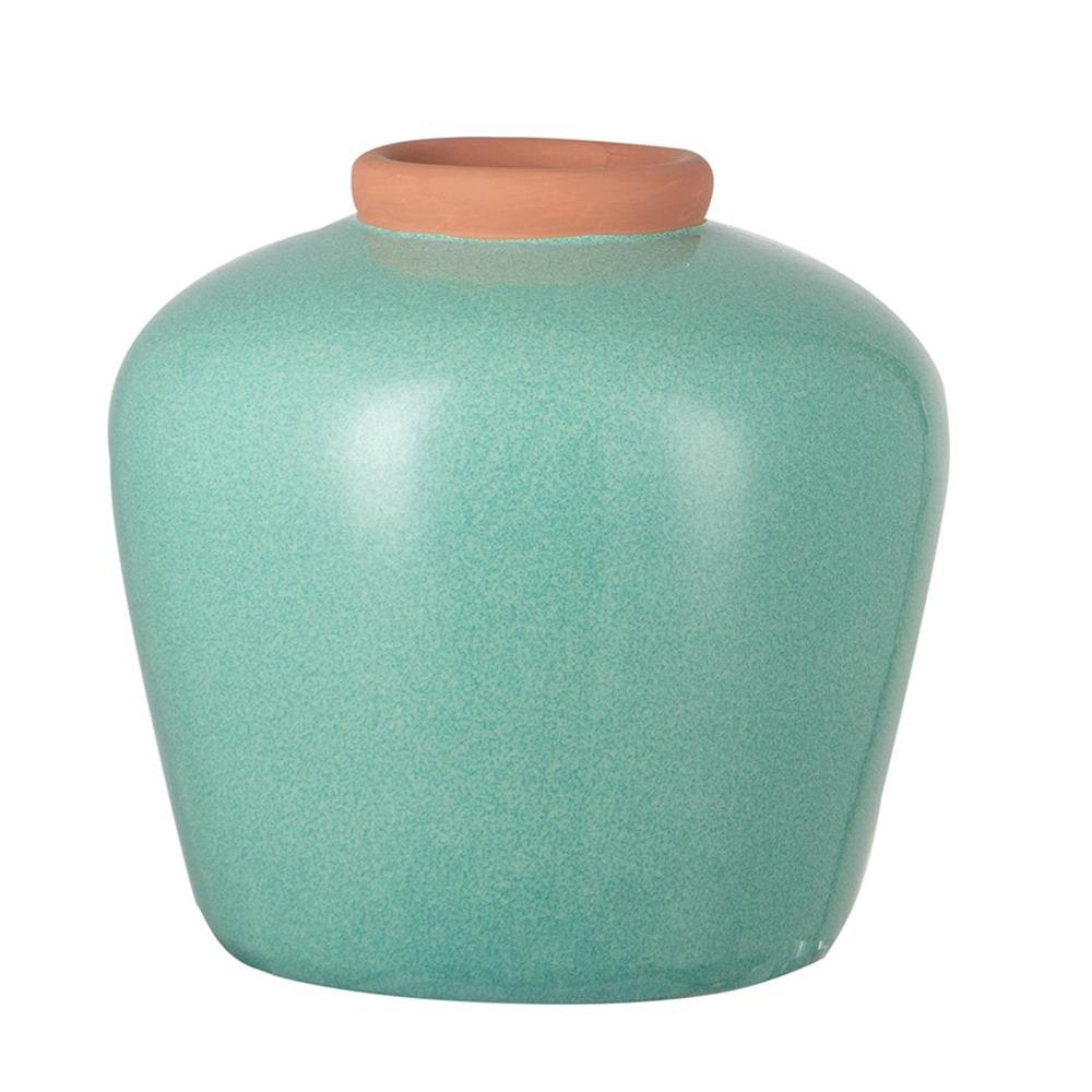 9" Natural And Teal Blue Ceramic Round Table Vase