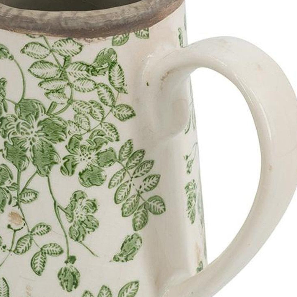 7" Green And White Leaf Ceramic Round Jug Vase