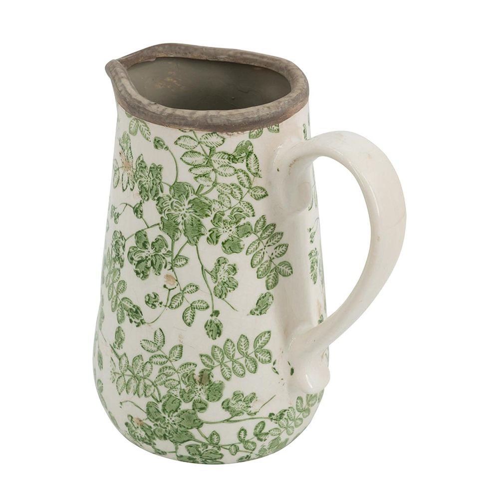 7" Green And White Leaf Ceramic Round Jug Vase