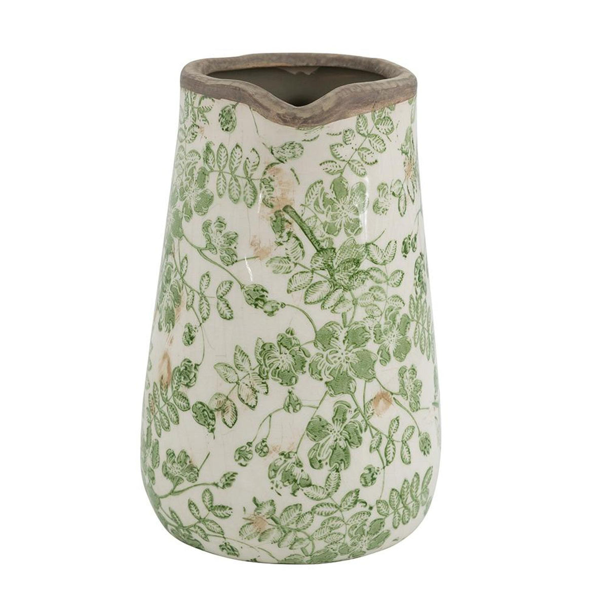 7" Green And White Leaf Ceramic Round Jug Vase