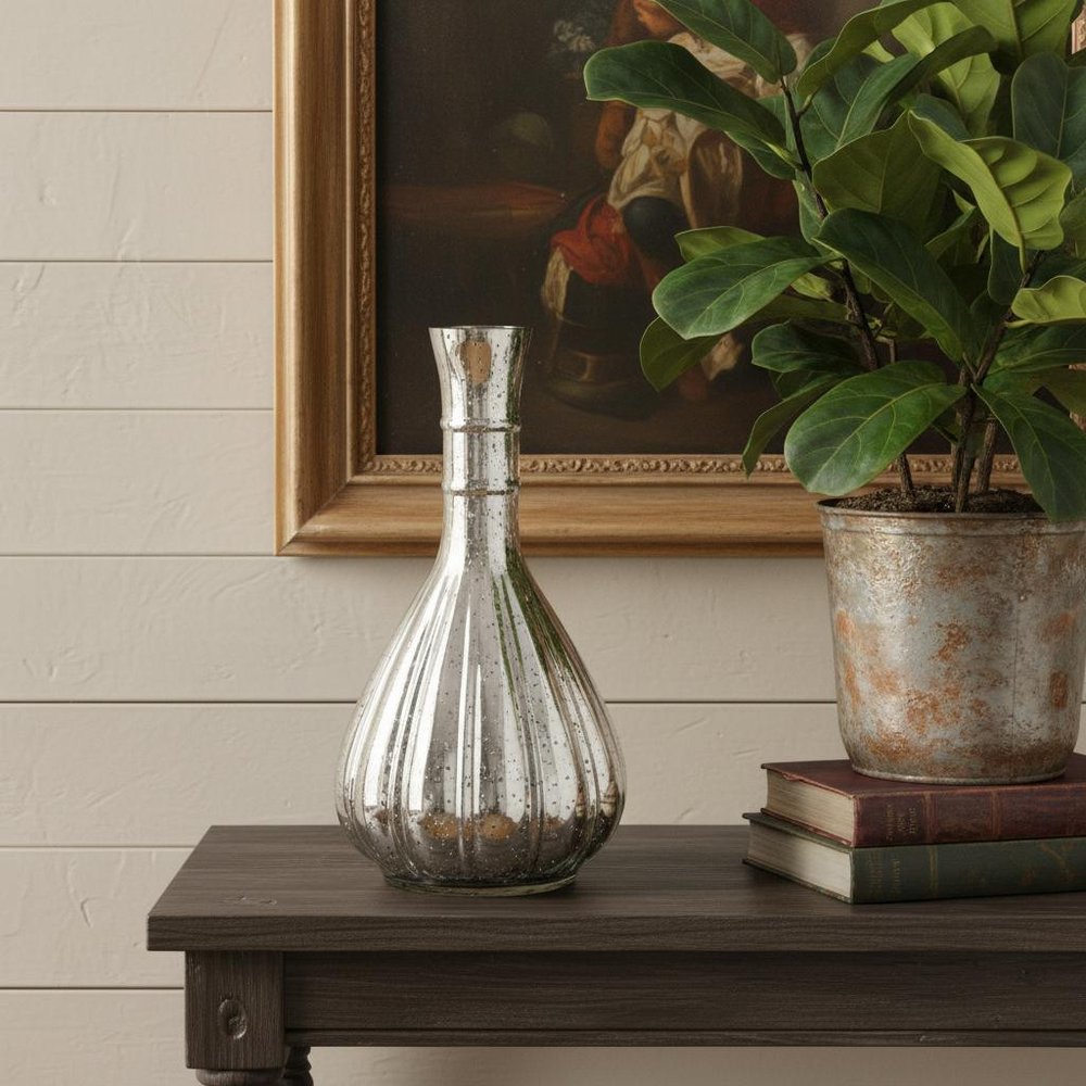 10" Antiqued Silver Glass Round Table Vase