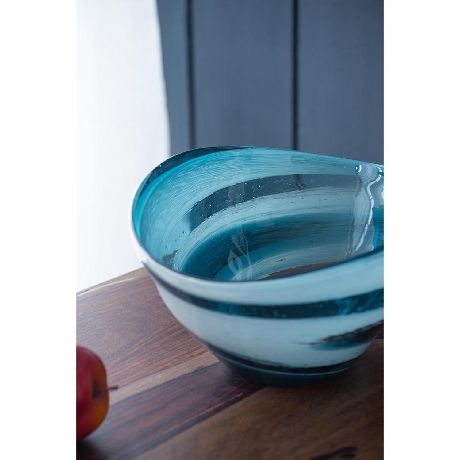 12" Blue And White Glass Swirl Stripe Oval Centerpiece Bowl