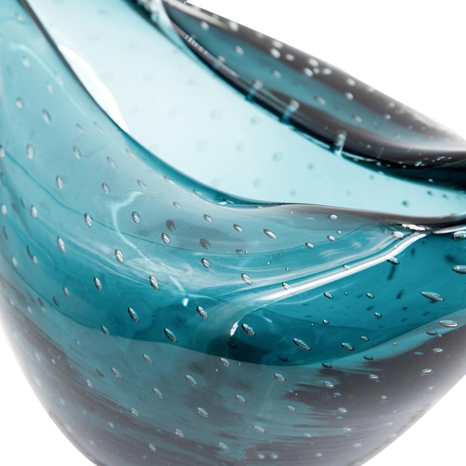 11" Turquoise Glass Wavy Edge Oval Centerpiece Bowl