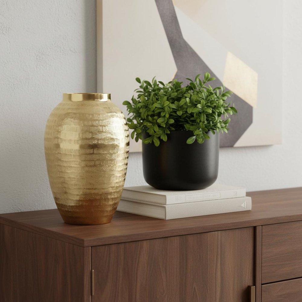 13" Gold Hammered Aluminum Urn Table Vase