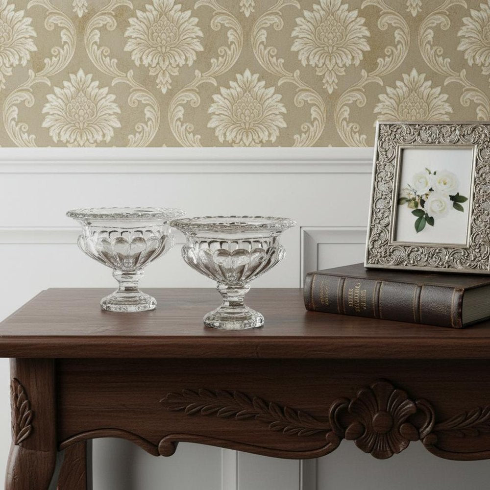 Set of Two Clear Glass Round Bowl Table Vases