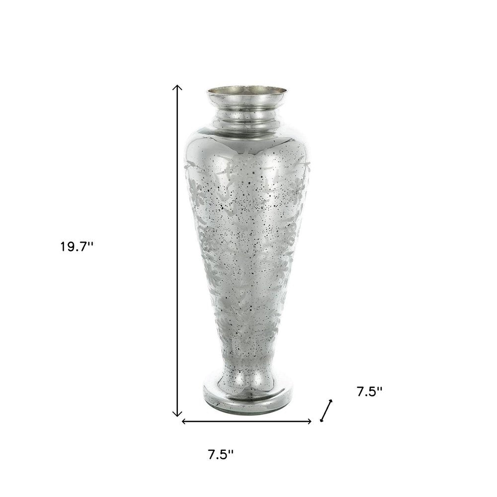 20" Antiqued Silver Etched Floral Glass Round Table Vase