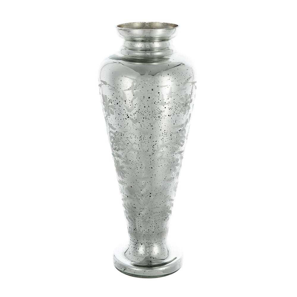 20" Antiqued Silver Etched Floral Glass Round Table Vase