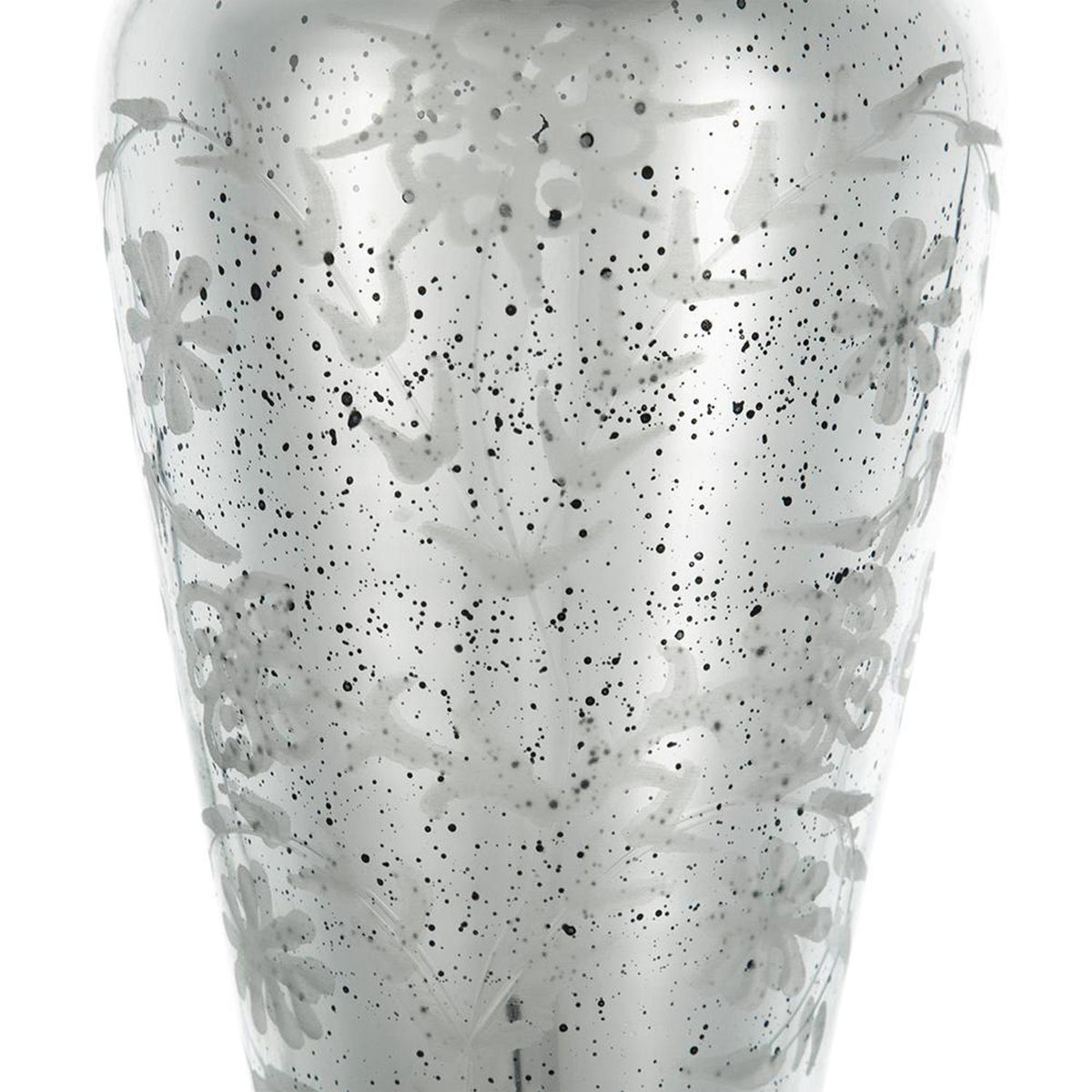 20" Antiqued Silver Etched Floral Glass Round Table Vase