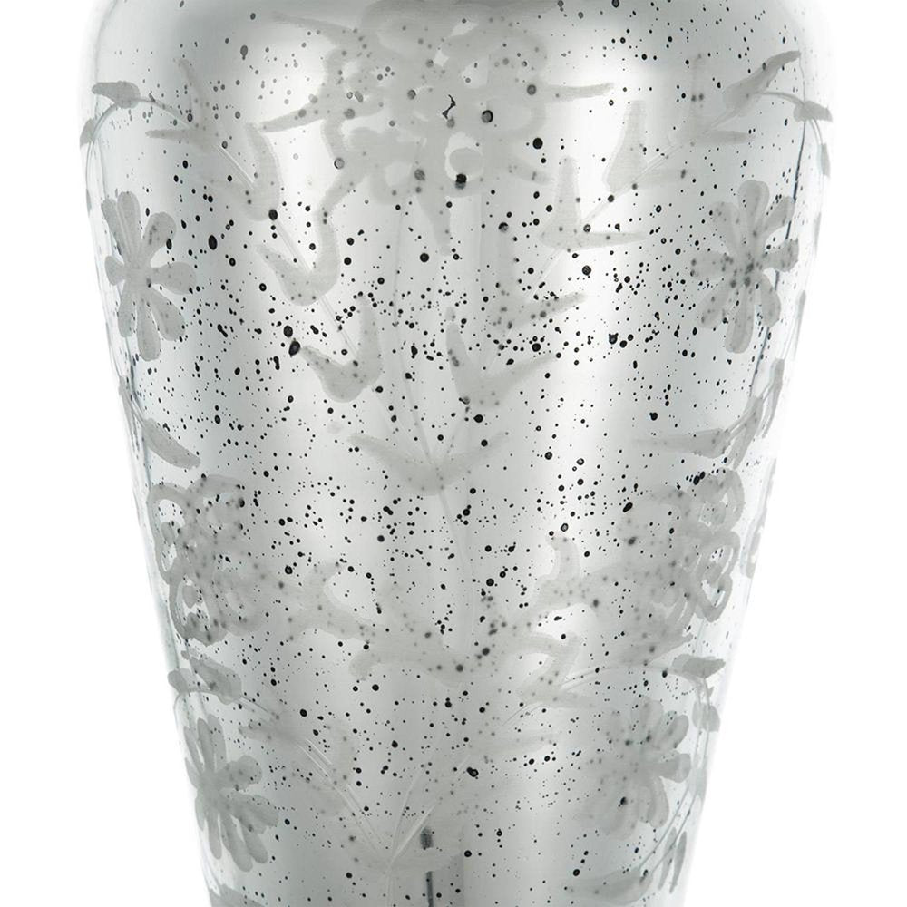20" Antiqued Silver Etched Floral Glass Round Table Vase