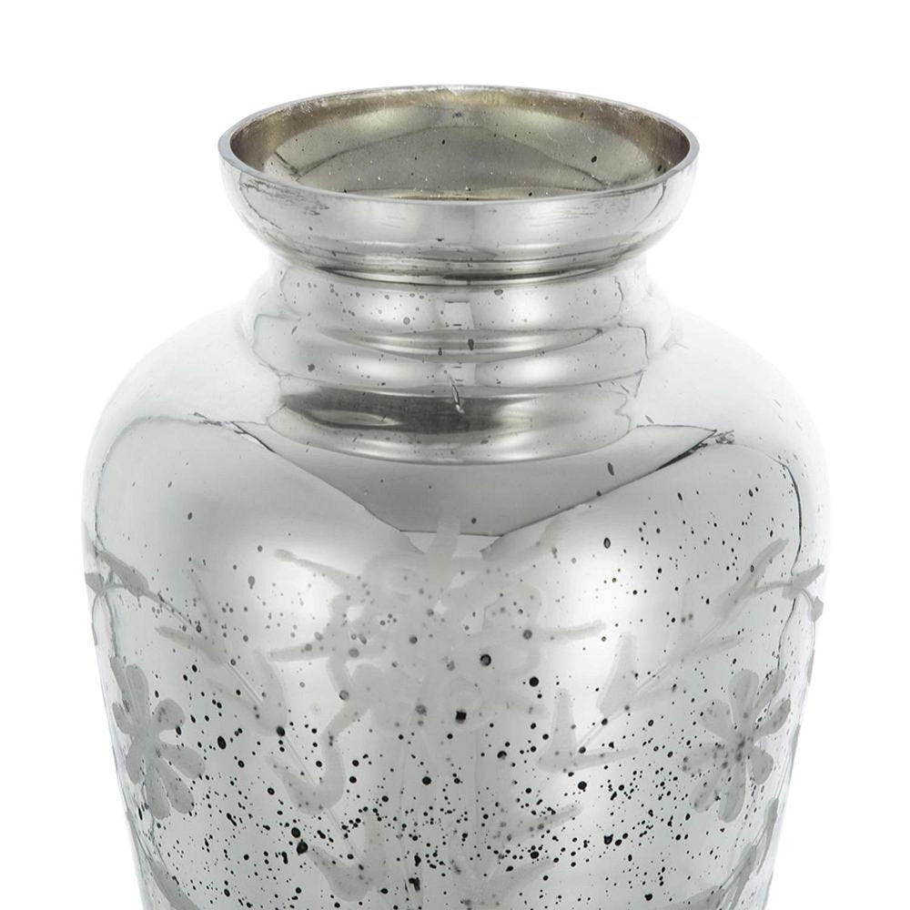 20" Antiqued Silver Etched Floral Glass Round Table Vase