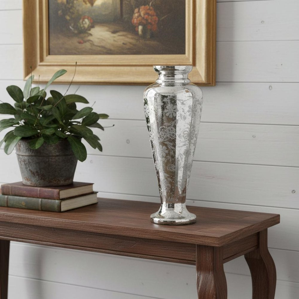 20" Antiqued Silver Etched Floral Glass Round Table Vase