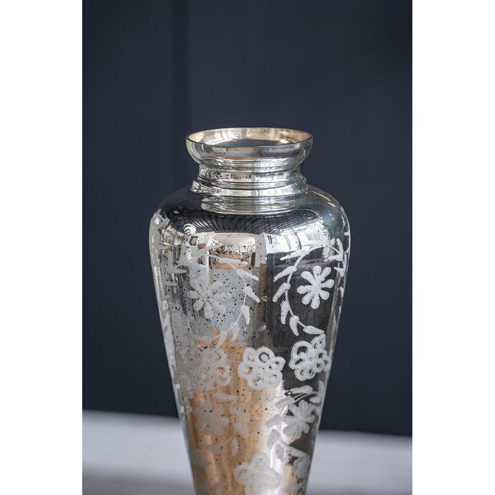20" Antiqued Silver Etched Floral Glass Round Table Vase