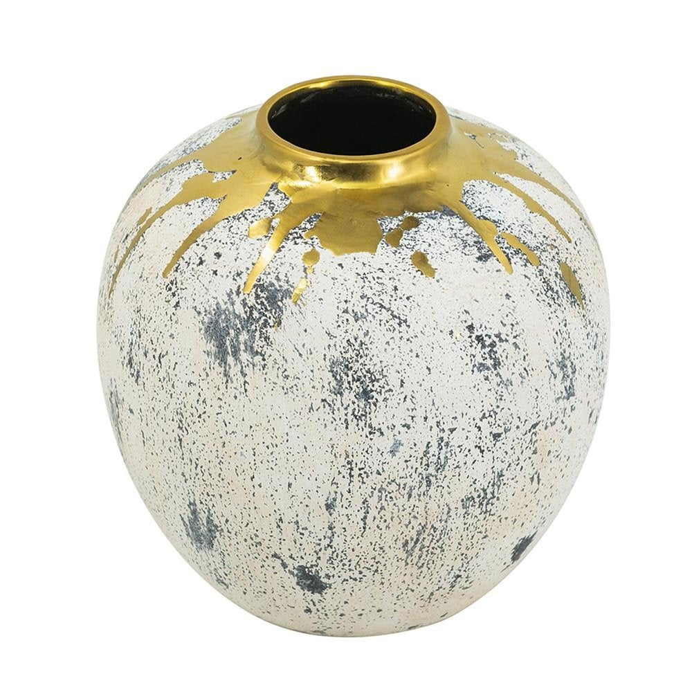 10" Ivory Gray And Gold Abstract Distressed Ceramic Round Table Vase
