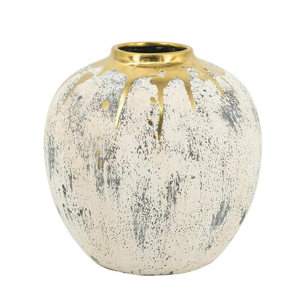 10" Ivory Gray And Gold Abstract Distressed Ceramic Round Table Vase