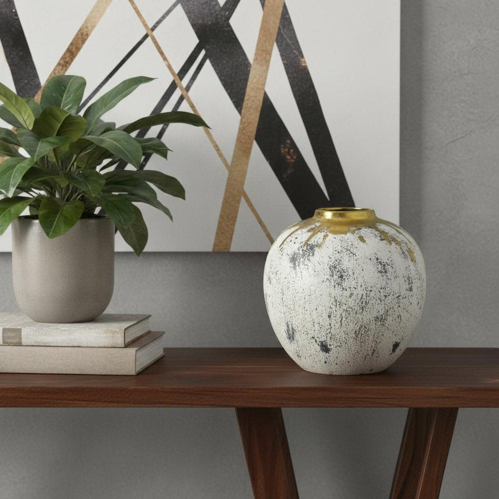 10" Ivory Gray And Gold Abstract Distressed Ceramic Round Table Vase