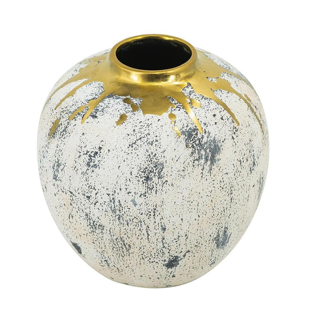 10" Ivory Gray And Gold Abstract Distressed Ceramic Round Table Vase
