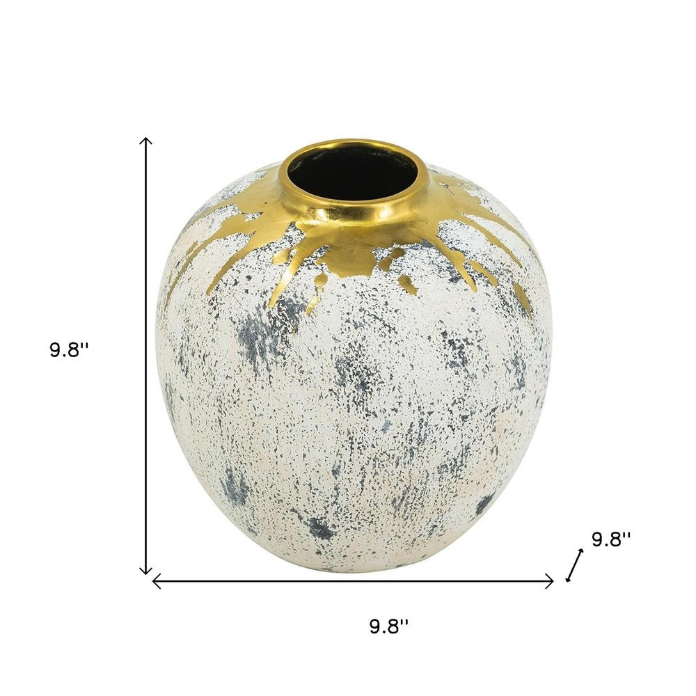 10" Ivory Gray And Gold Abstract Distressed Ceramic Round Table Vase