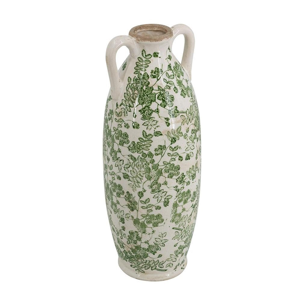 16" Green And White Leaf Ceramic Amphora Table Vase