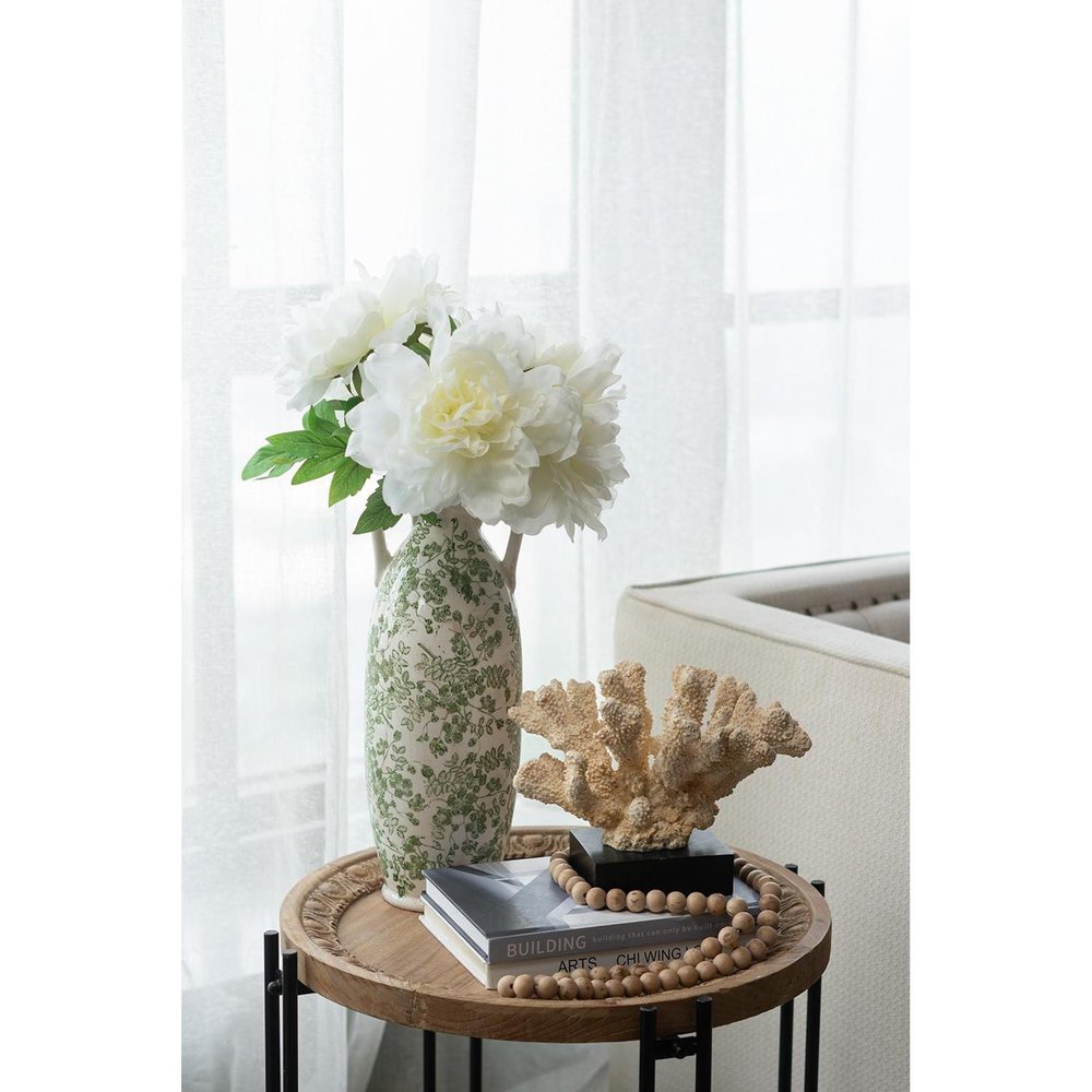 16" Green And White Leaf Ceramic Amphora Table Vase
