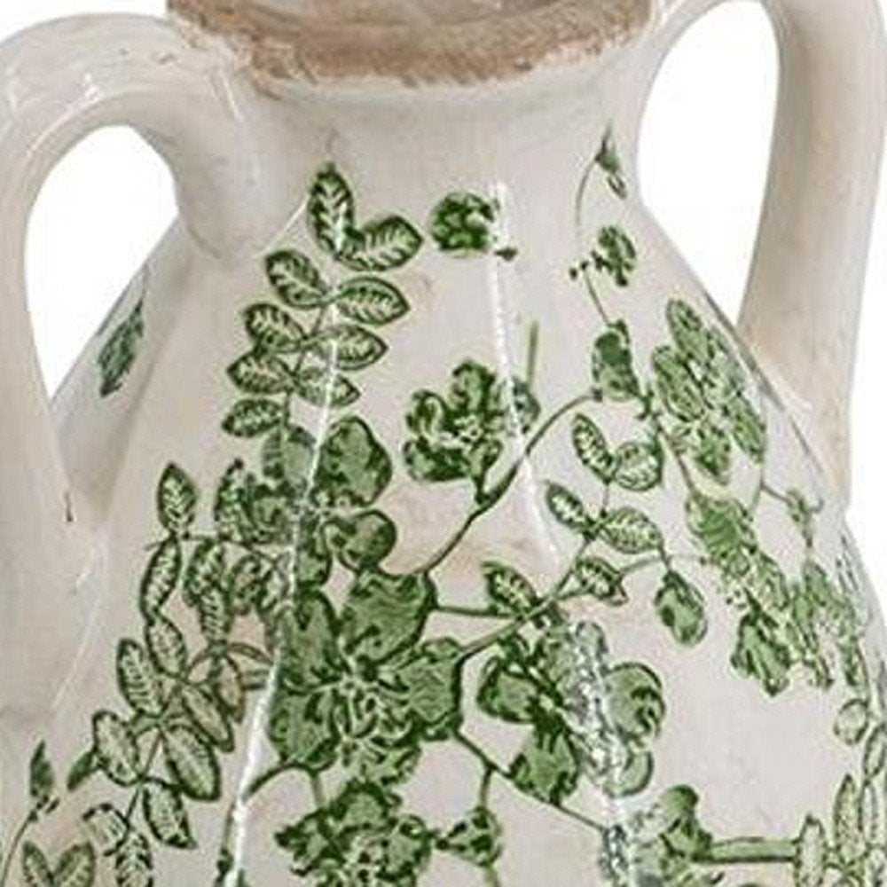 16" Green And White Leaf Ceramic Amphora Table Vase