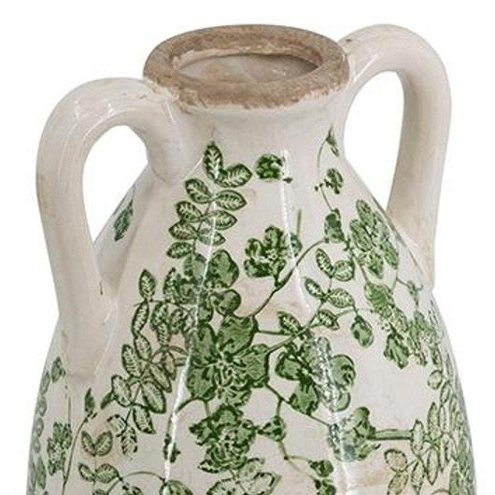 16" Green And White Leaf Ceramic Amphora Table Vase