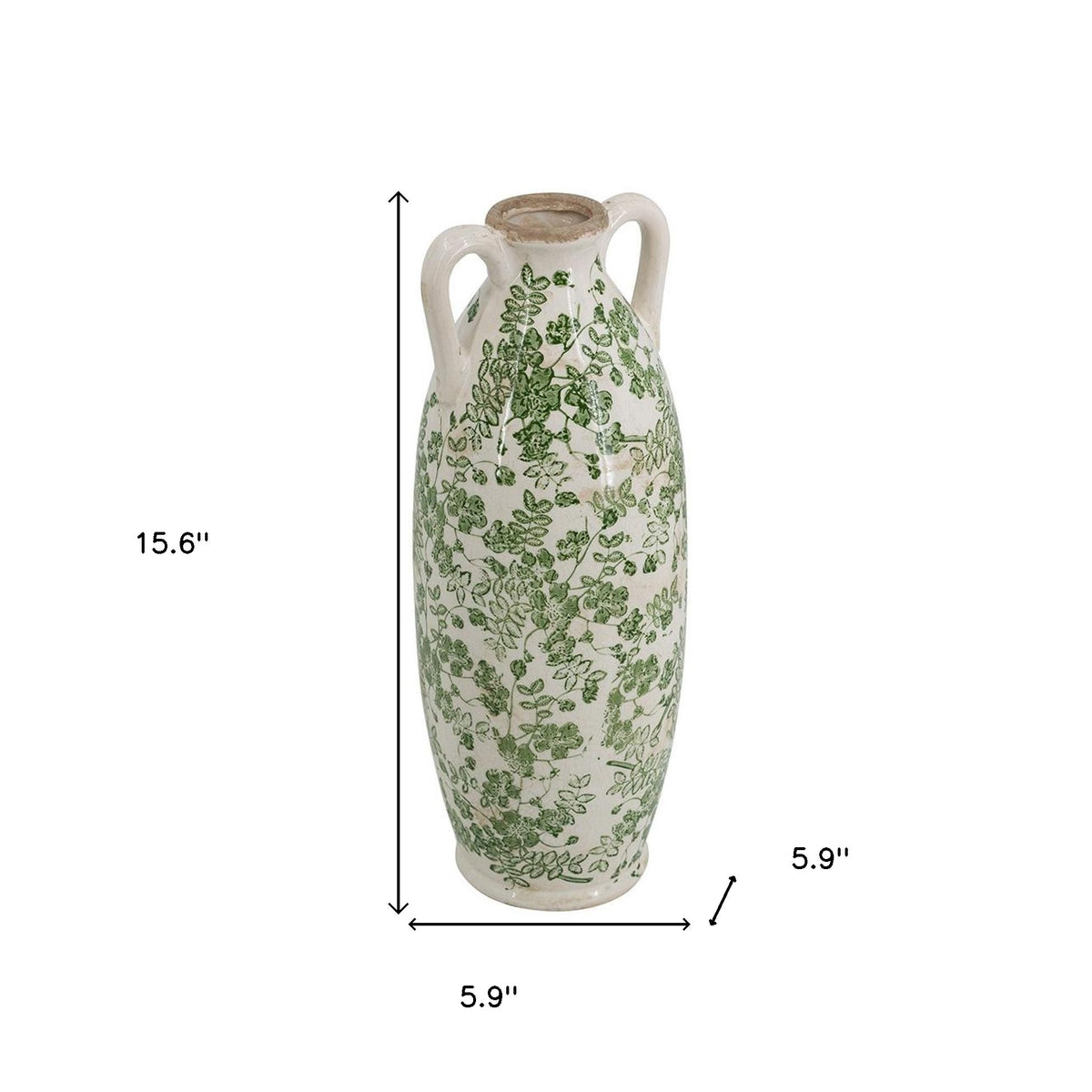 16" Green And White Leaf Ceramic Amphora Table Vase