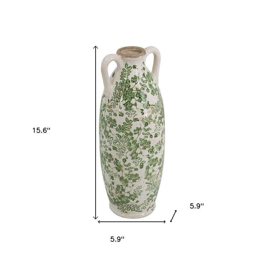 16" Green And White Leaf Ceramic Amphora Table Vase
