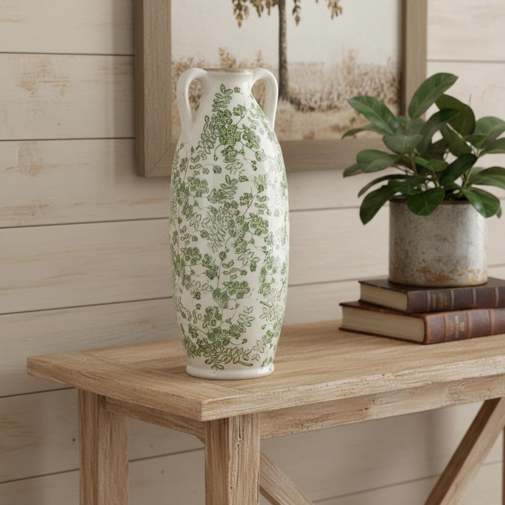 16" Green And White Leaf Ceramic Amphora Table Vase