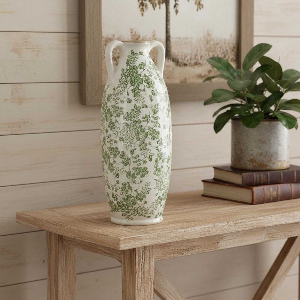 16" Green And White Leaf Ceramic Amphora Table Vase