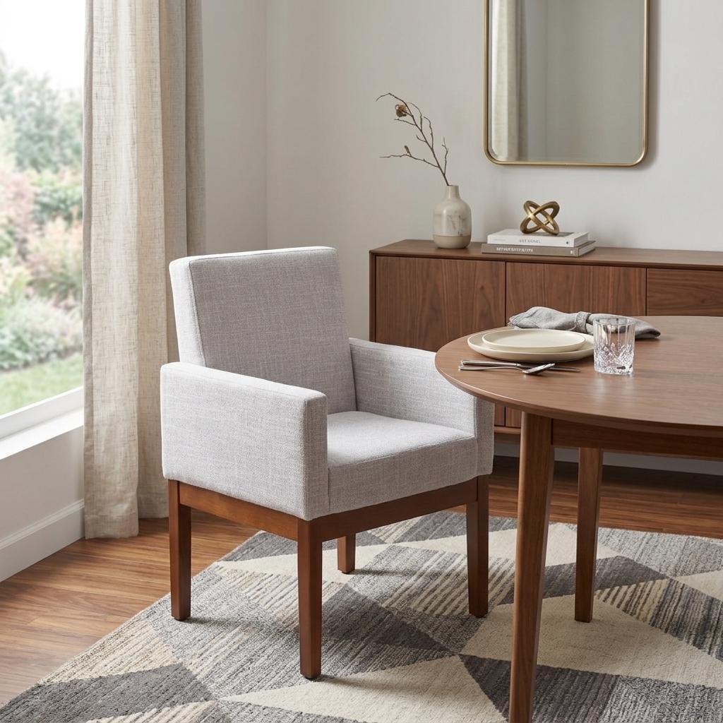 Ivory And Brown Fabric And Wood Dining Arm Chair