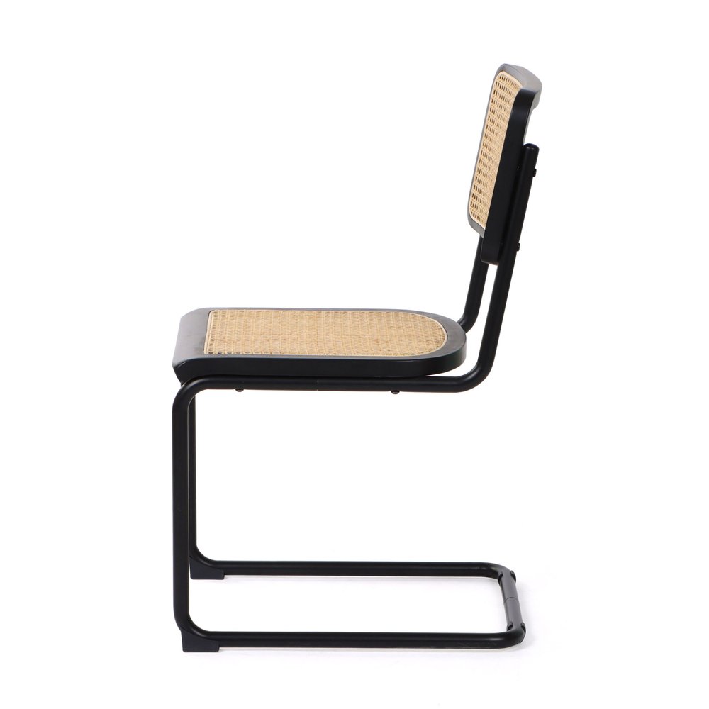 Set of Two Black and Natural Steel Open Back Dining Side Chairs