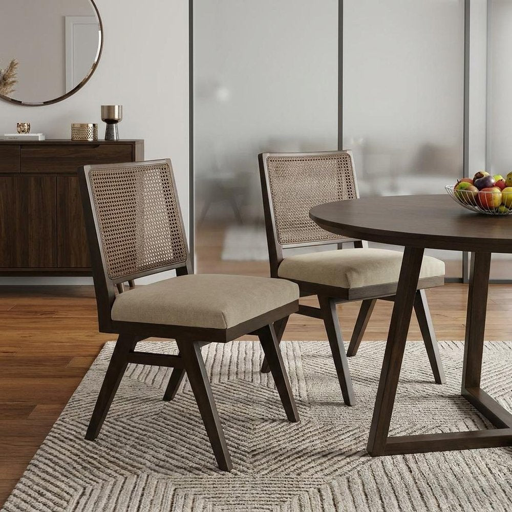 Set of Two Dark Brown And Gray Wood Cane And Upholstery Dining Side Chairs