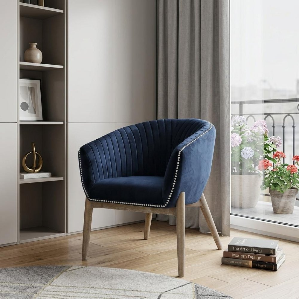 28" Blue And Brown Velvet Arm Chair