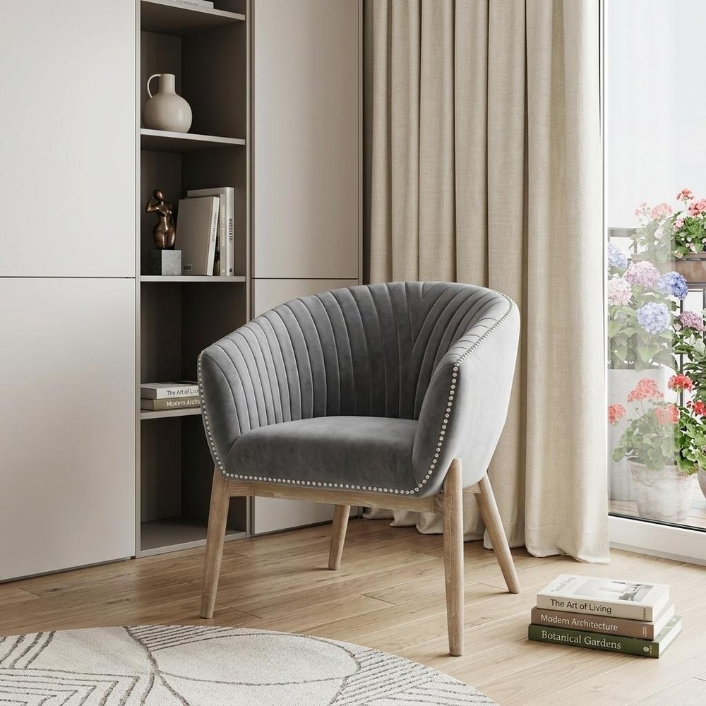 28" Gray And Brown Velvet Arm Chair