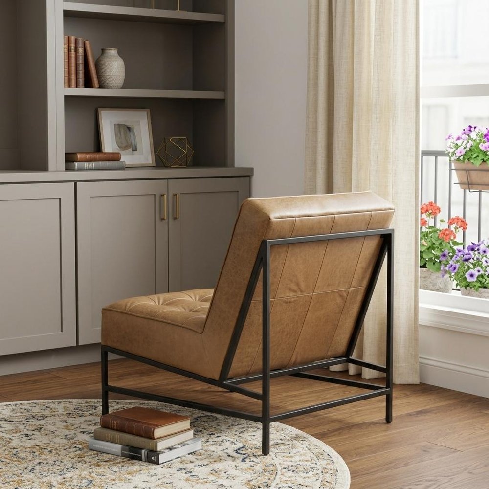 31" Cream And Black Tufted Genuine Leather And Iron Slipper Chair