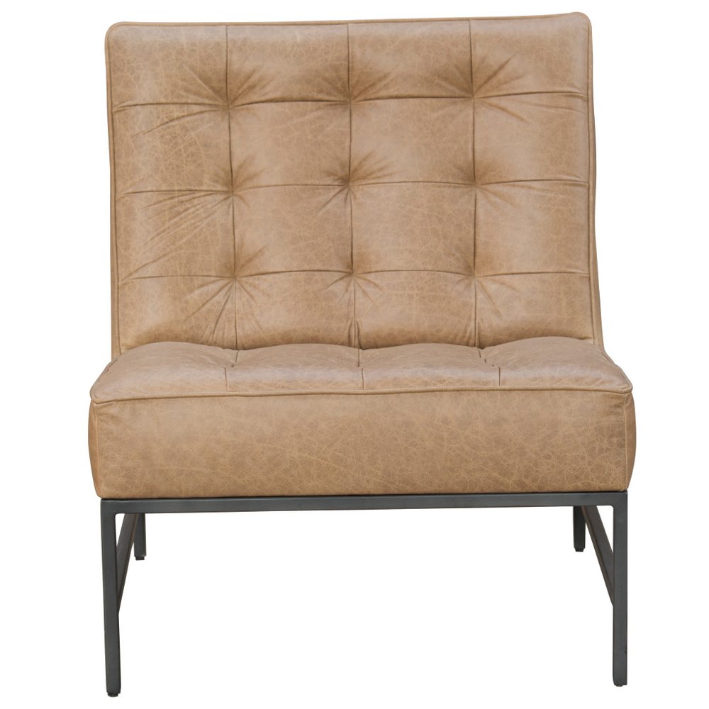 31" Cream And Black Tufted Genuine Leather And Iron Slipper Chair