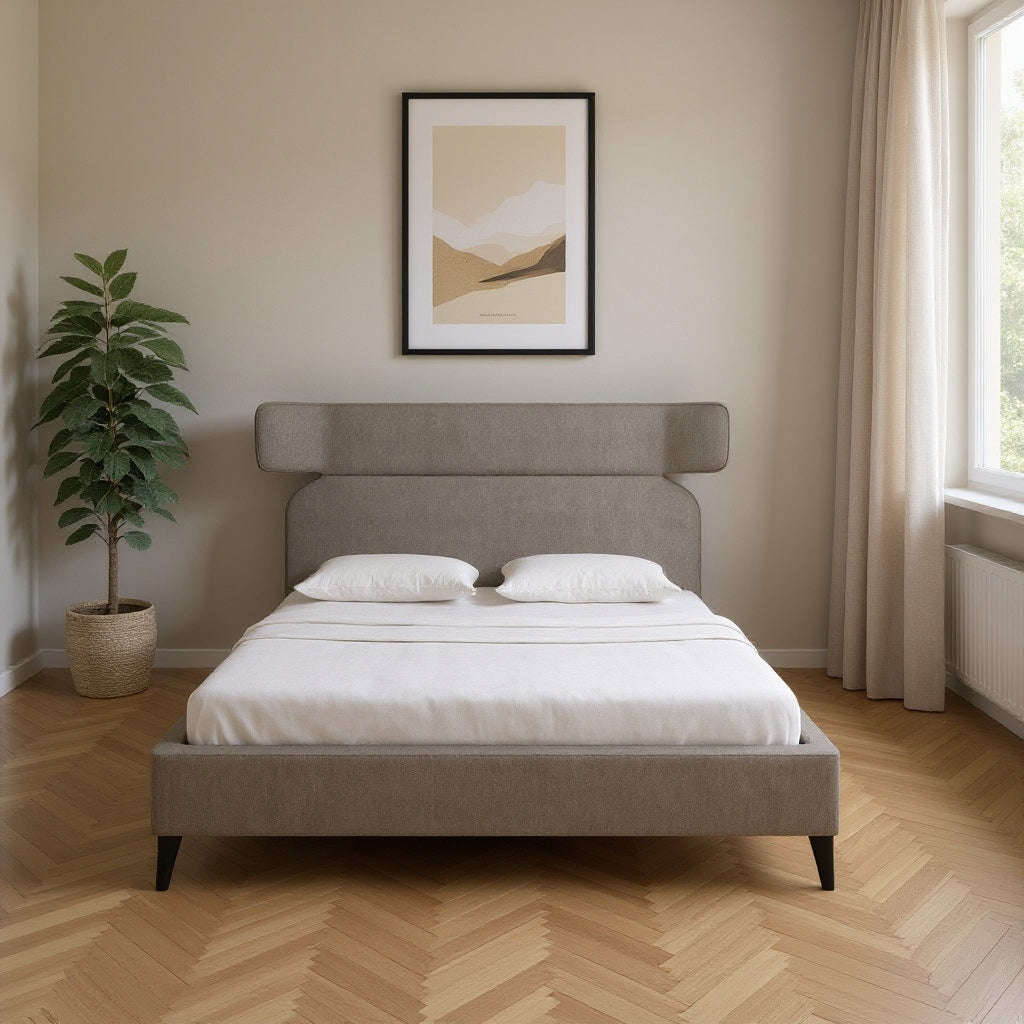 Brown Solid Wood And Upholstery King Bed Frame