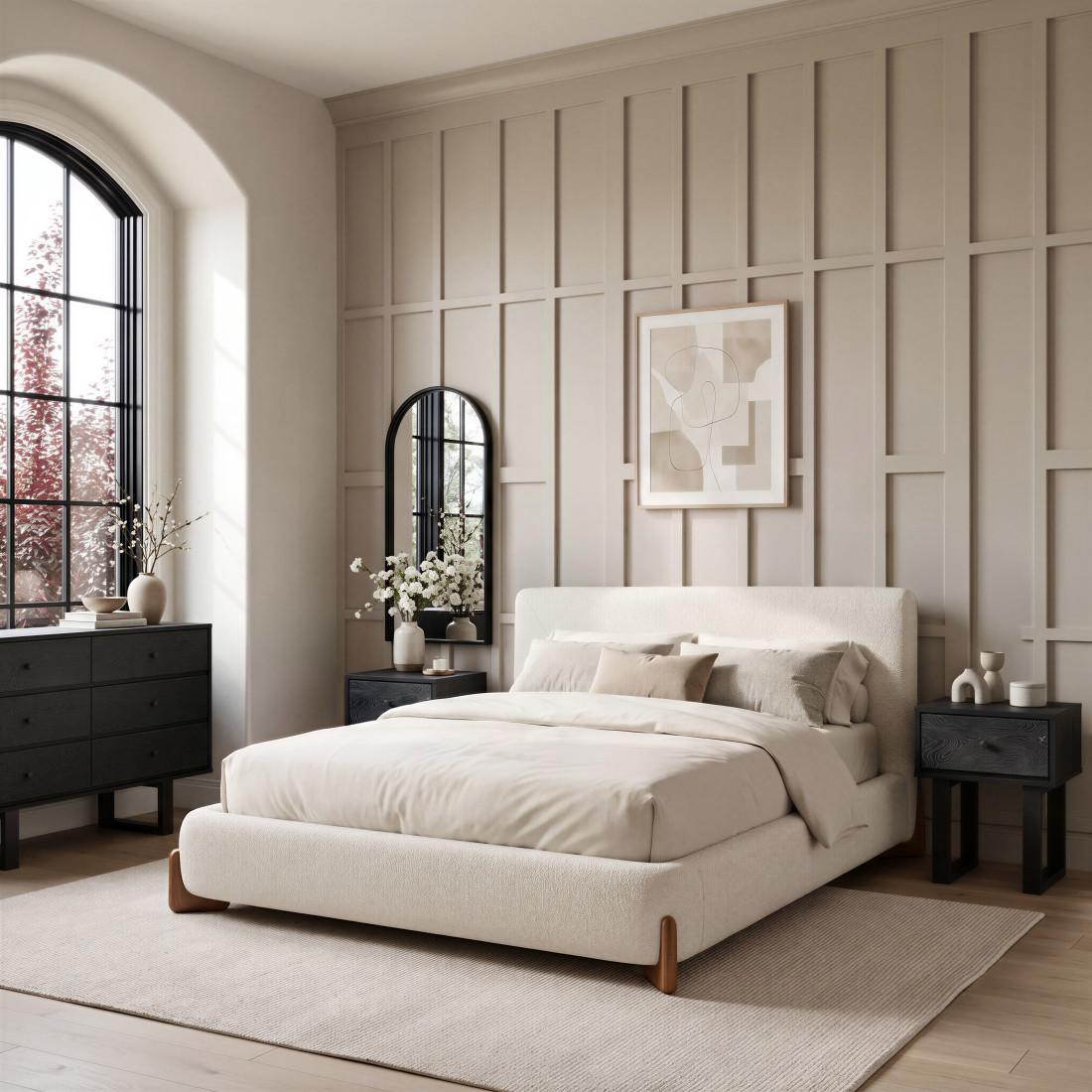 Ivory Solid Wood And Boucle King Bed Frame