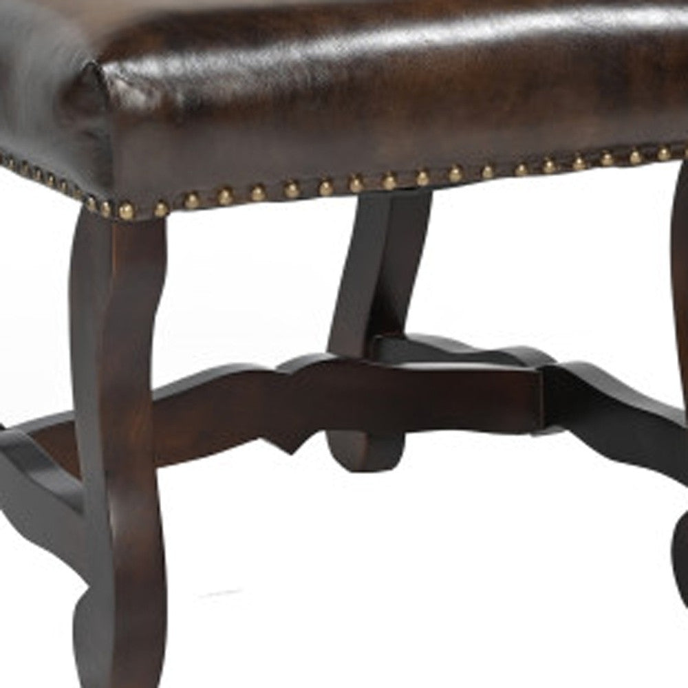 Set of Two Cream and Dark Brown Wood Leather And Linen Dining Side Chairs