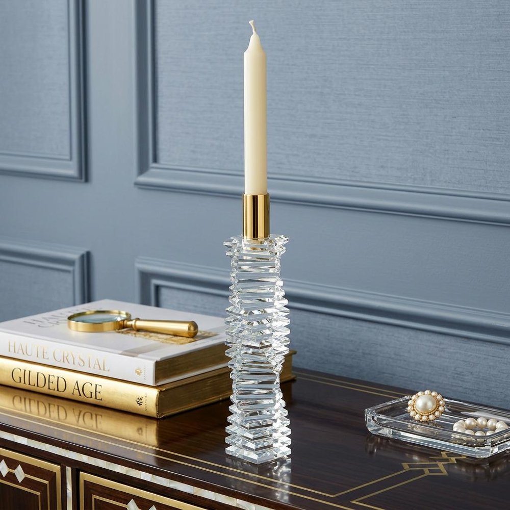 12" Clear And Gold Twisted Crystal Tabletop Taper Candlestick