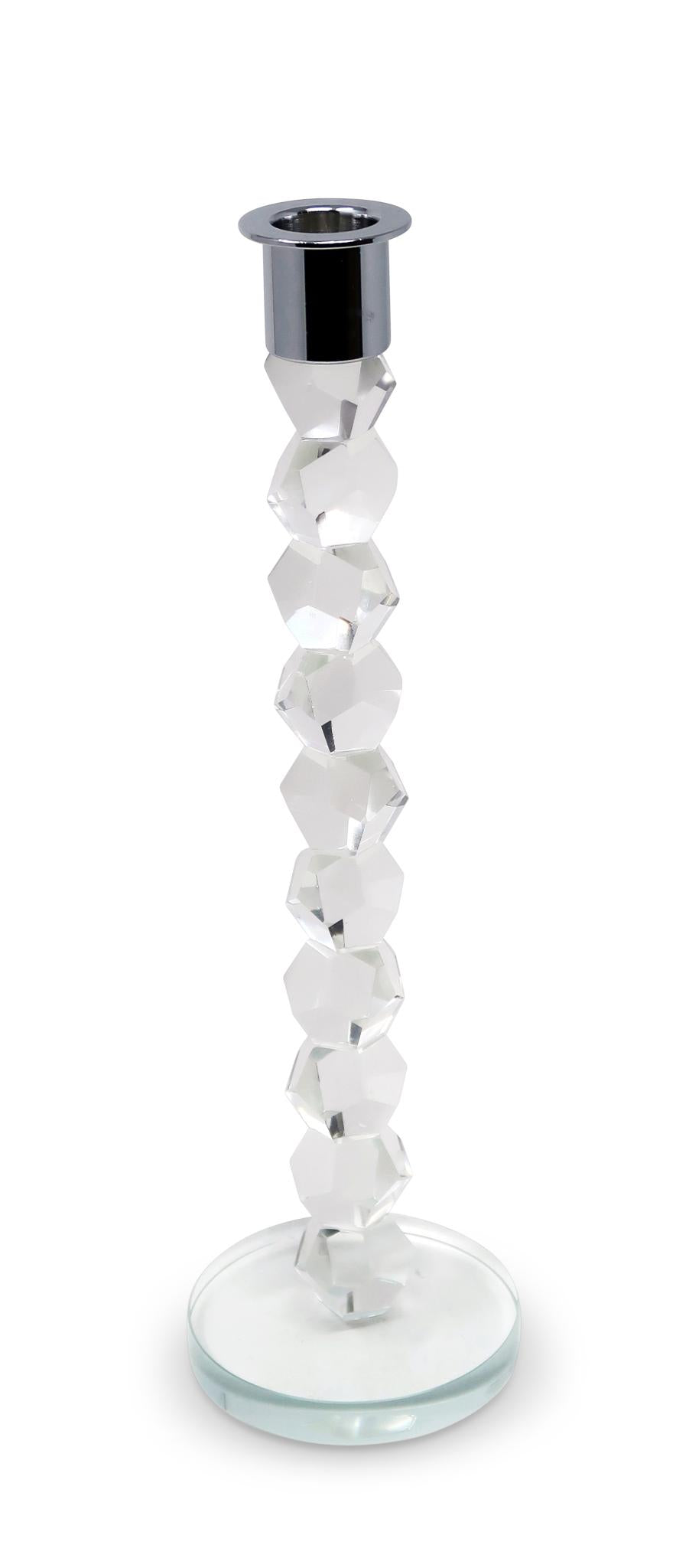 11" Clear And Silver Geo Stacks Crystal Tabletop Taper Candlestick