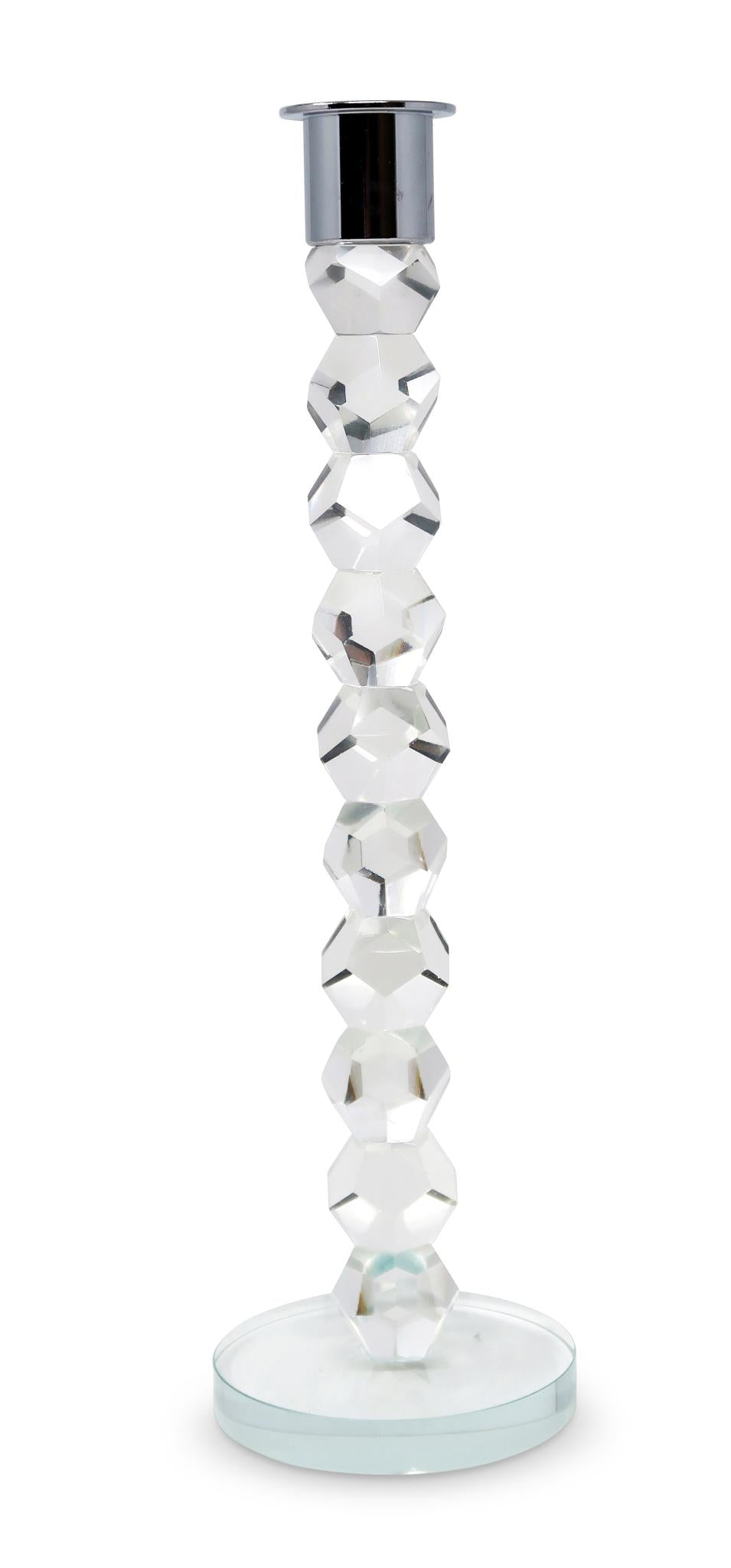 11" Clear And Silver Geo Stacks Crystal Tabletop Taper Candlestick