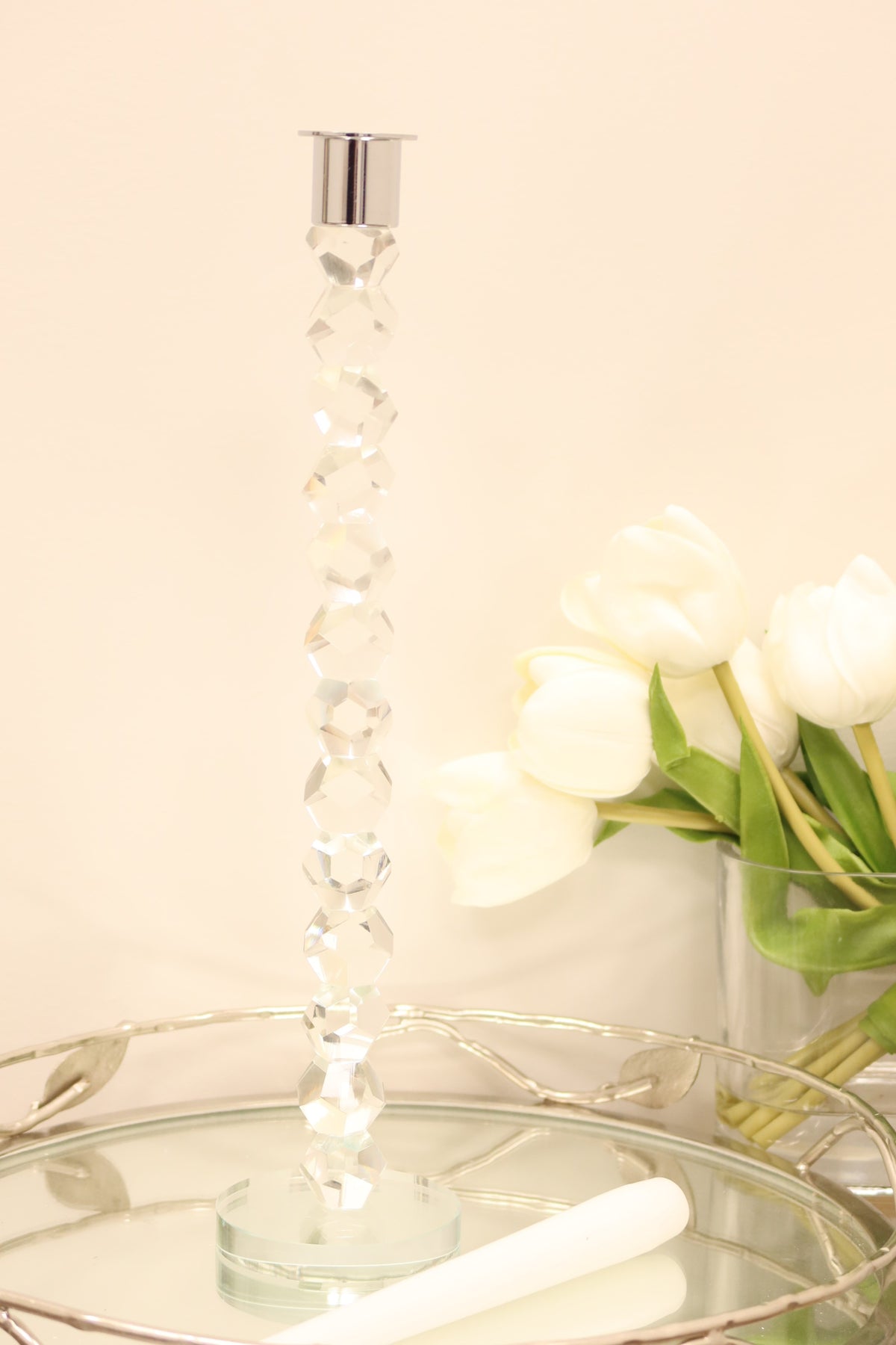 11" Clear And Silver Geo Stacks Crystal Tabletop Taper Candlestick